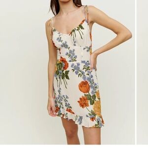 Reformation Floral Mini Dress with Orange and Blue Accents
